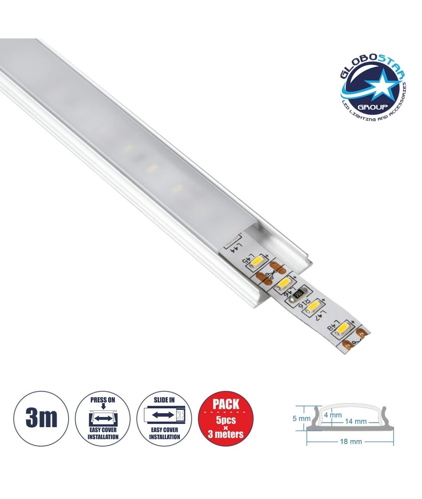 GloboStar® CURVED-PROFILE 70802-3M Προφίλ Αλουμινίου - Βάση & Ψύκτρα Ταινίας LED με Λευκό Γαλακτερό Κάλυμμα - Επιφανειακή Χρήση - Εύκαμπτο με Δυνατότητα Κυρτής Τοποθέτησης - Πατητό Κάλυμμα - Ασημί - 3 Μέτρα - Πακέτο 5 Τεμαχίων - Μ300 x Π1.8 x Υ0.5cm